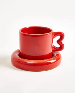 Seia Mug & Saucer, Heart, Red